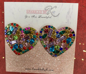 Cute multi color gem heart studs