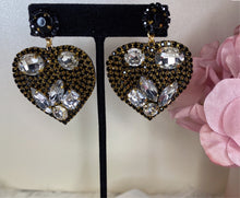 Load image into Gallery viewer, All rhinestone black &amp; gold heart dangle earrings
