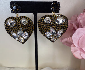 All rhinestone black & gold heart dangle earrings