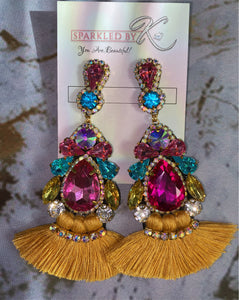 Multicolored rhinestone & gold tassel earrings