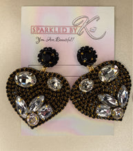 Load image into Gallery viewer, All rhinestone black &amp; gold heart dangle earrings
