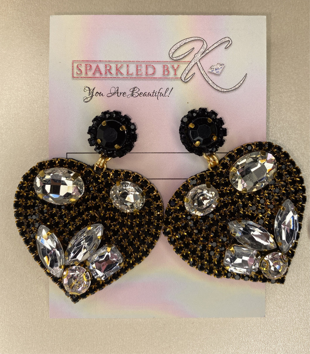 All rhinestone black & gold heart dangle earrings