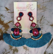 Load image into Gallery viewer, Deep Teal &amp; multi colored rhinestone tassel earrings
