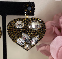 Load image into Gallery viewer, All rhinestone black &amp; gold heart dangle earrings
