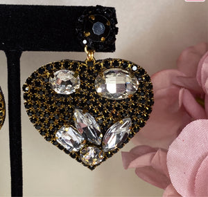 All rhinestone black & gold heart dangle earrings